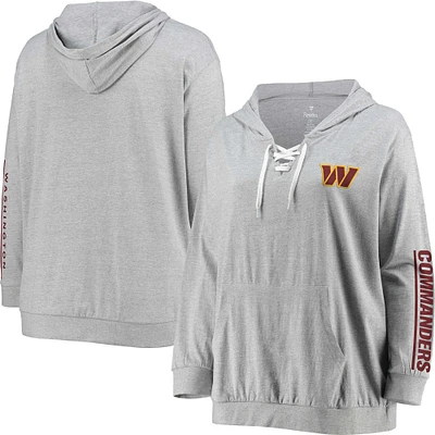 Women's Fanatics Heather Gray Washington Commanders Plus Lace-Up V-Neck Pullover Hoodie