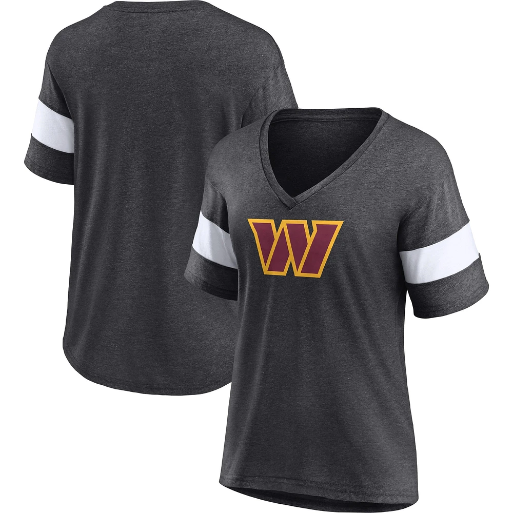 Women's Fanatics Heathered Charcoal/White Washington Commanders Distressed Team Tri-Blend V-Neck T-Shirt