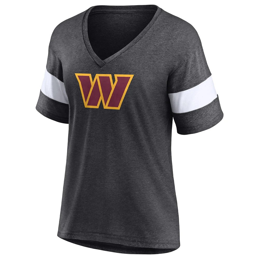 Women's Fanatics Heathered Charcoal/White Washington Commanders Distressed Team Tri-Blend V-Neck T-Shirt