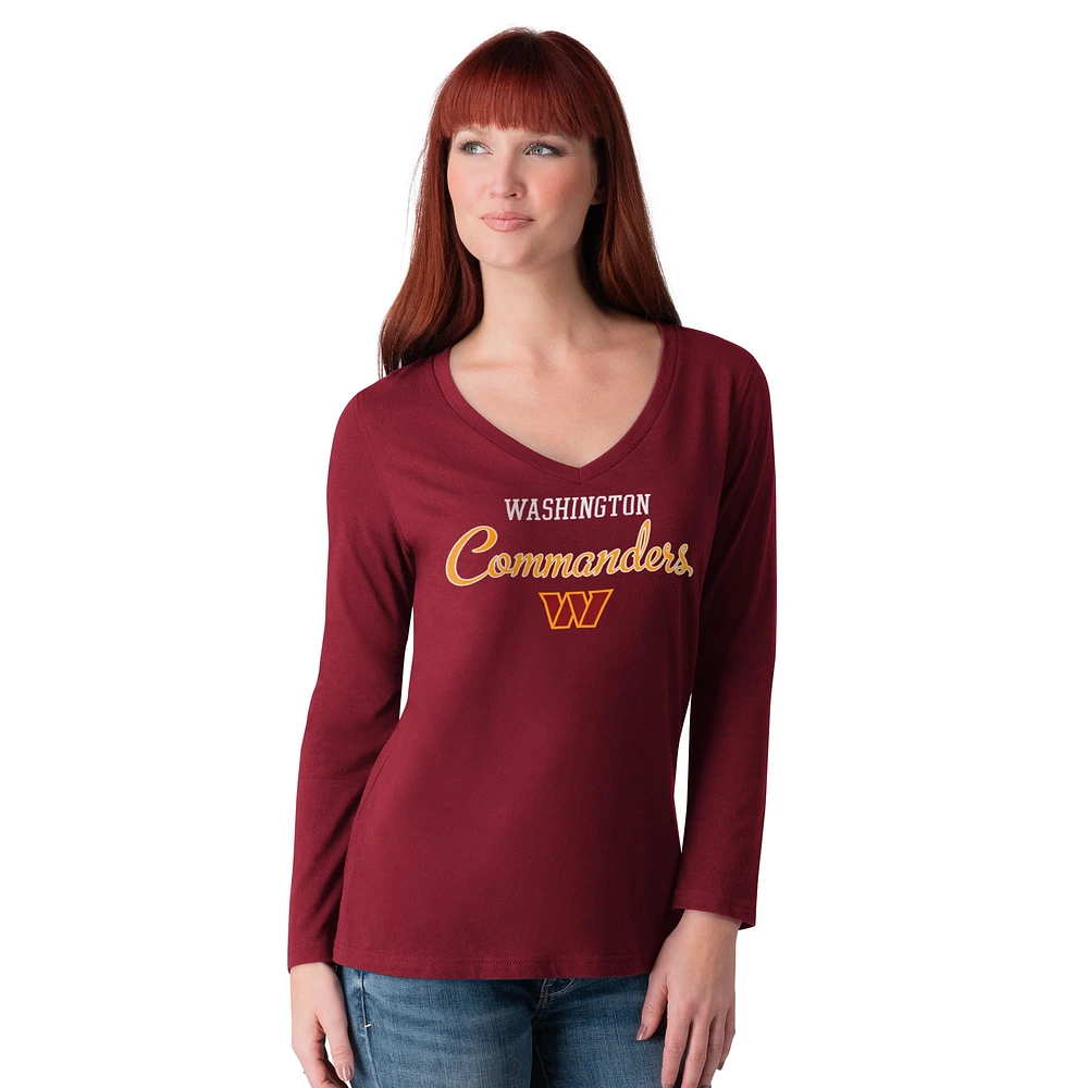 T-shirt à manches longues et col en V pour femme G-III 4Her by Carl Banks Bordeaux Washington Commanders Post Season