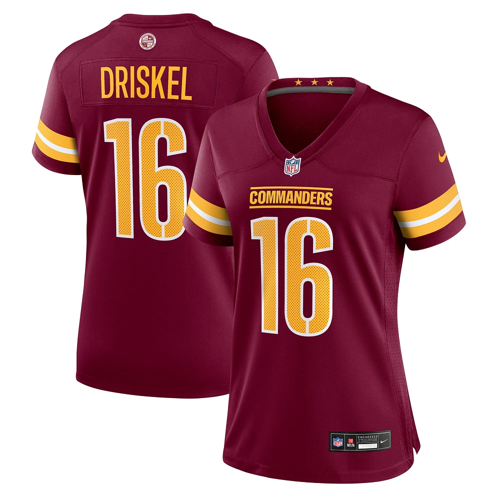 Maillot de match Nike Jeff Driskel bordeaux pour femme des Washington Commanders