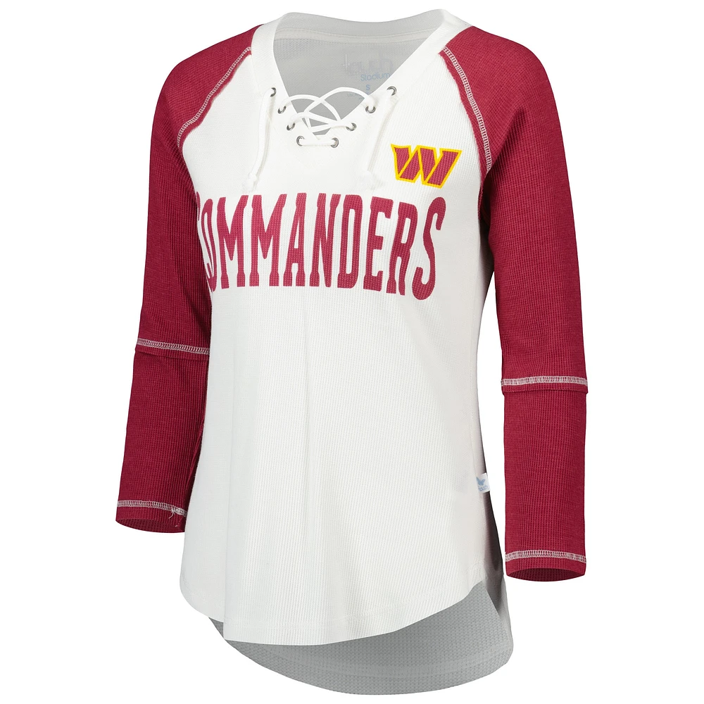 Women's Touch White/Burgundy Washington Commanders Rebel Raglan Tri-Blend 3/4-Sleeve Lace-Up V-Neck T-Shirt