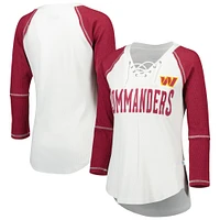 Women's Touch White/Burgundy Washington Commanders Rebel Raglan Tri-Blend 3/4-Sleeve Lace-Up V-Neck T-Shirt