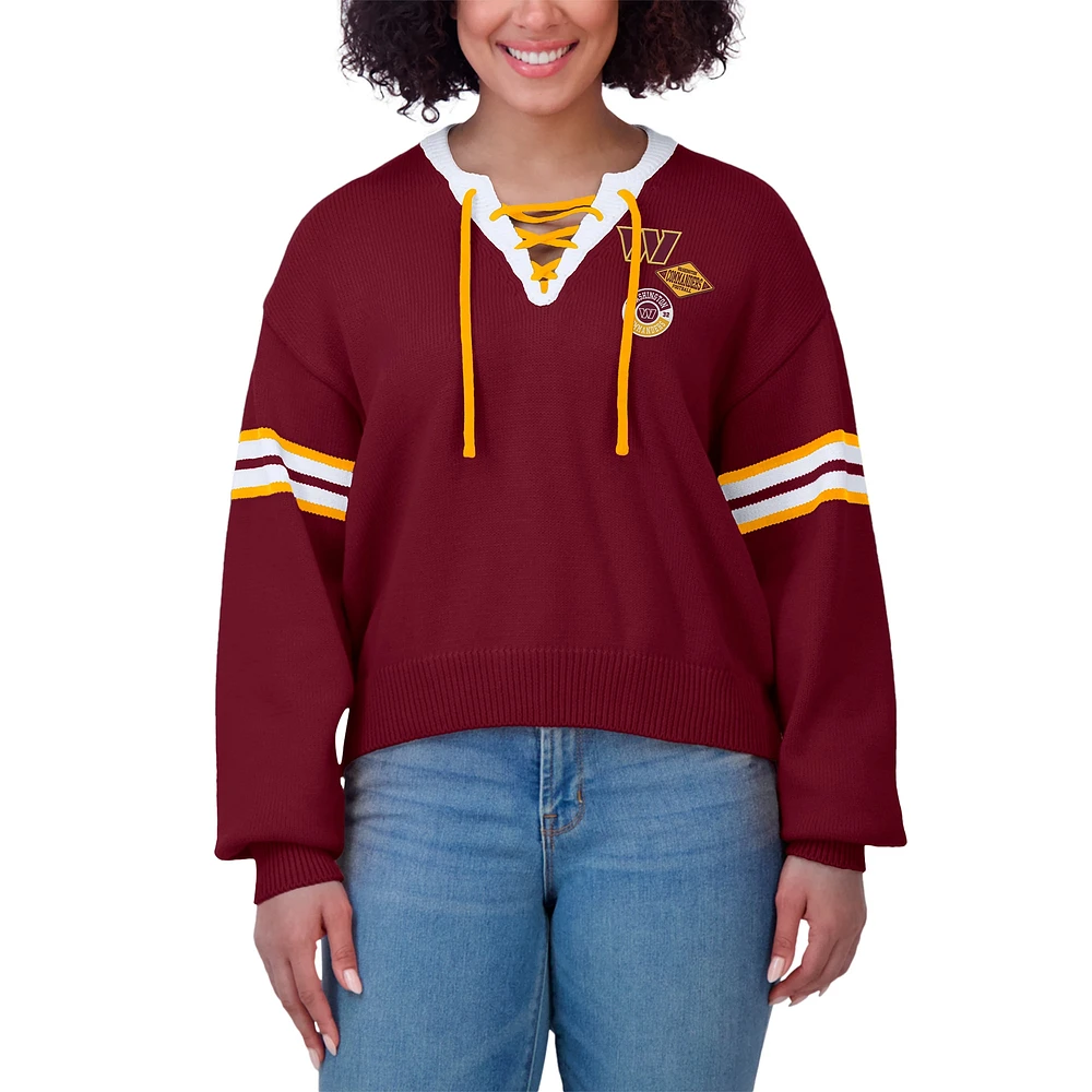 Women's WEAR by Erin Andrews Burgundy Washington Commanders Lace-Up Pullover Sweatshirt