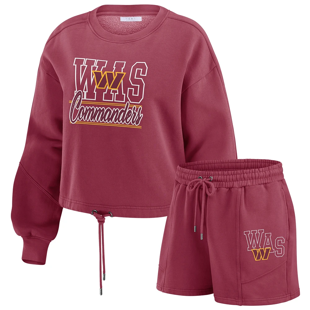 Women's WEAR by Erin Andrews Burgundy Washington Commanders Washed Fleece Long Sleeve T-Shirt & Shorts Lounge Set