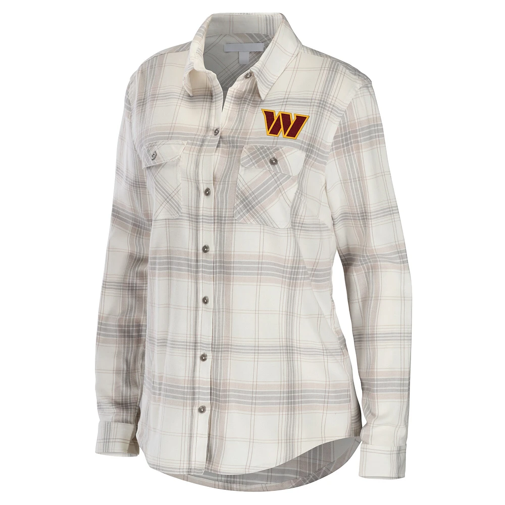 Women's WEAR by Erin Andrews Cream/Gray Washington Commanders Plaid Flannel Tri-Blend Long Sleeve Button-Up Shirt