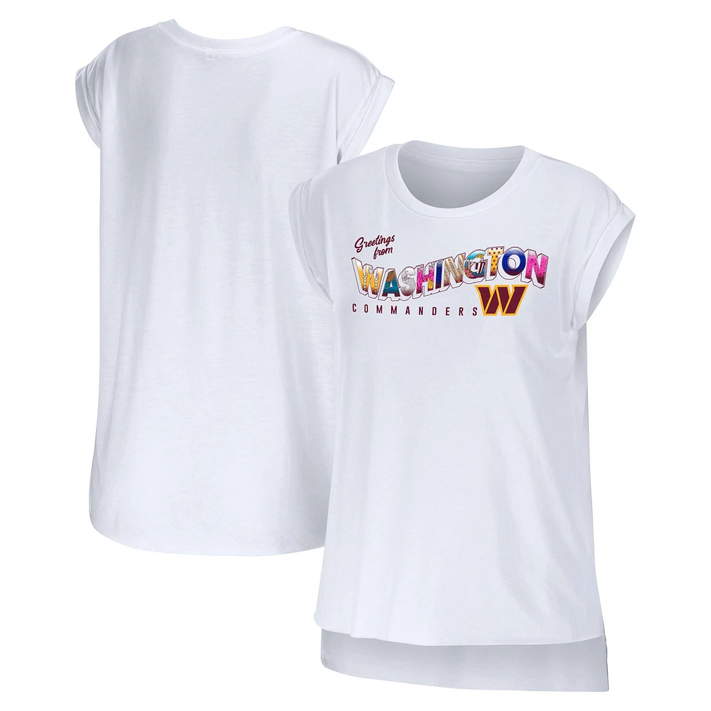 Women's WEAR by Erin Andrews T-shirt blanc Washington Commanders Greetings From Muscle