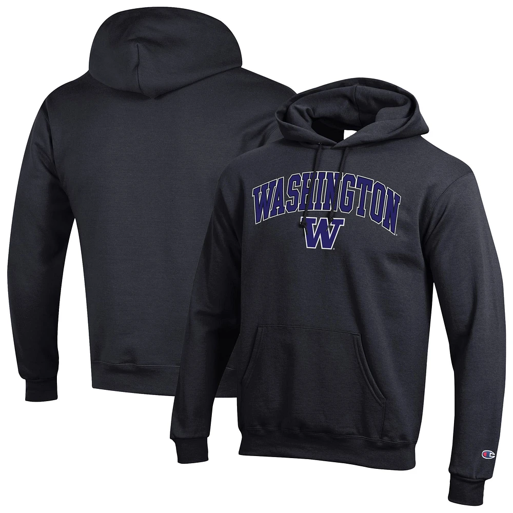 Sweat à capuche noir Champion pour homme avec logo Arch Over des Washington Huskies