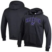 Sweat à capuche noir Champion pour homme avec logo Arch Over des Washington Huskies
