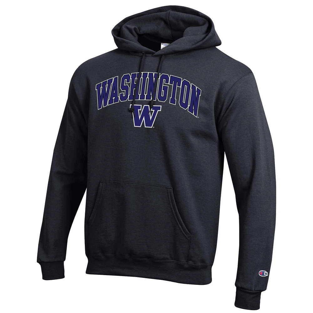Sweat à capuche noir Champion pour homme avec logo Arch Over des Washington Huskies