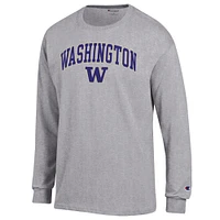 T-shirt à manches longues avec logo Arch Over Champion gris chiné pour homme des Washington Huskies