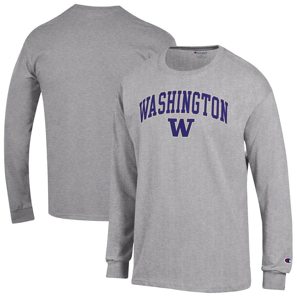 T-shirt à manches longues avec logo Arch Over Champion gris chiné pour homme des Washington Huskies