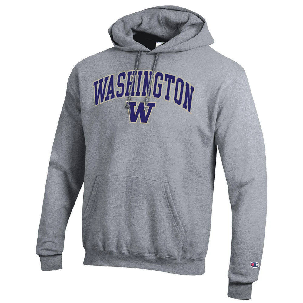 Men's Champion  Heather Gray Washington Huskies Arched Logo Fleece Pullover Hoodie