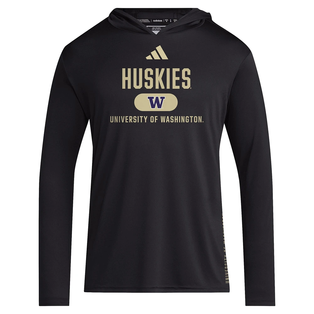 Men's adidas Black Washington Huskies 2024 Sideline Hooded Long Sleeve T-Shirt