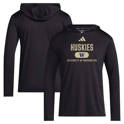 T-shirt à capuche et manches longues adidas pour hommes, noir, Washington Huskies 2024 Sideline