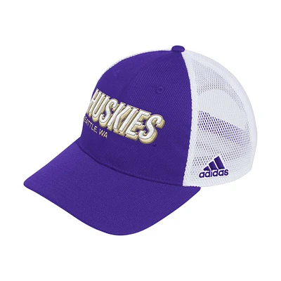 Men's adidas Purple Washington Huskies Mascot Block Letter Slouch Trucker Adjustable Hat