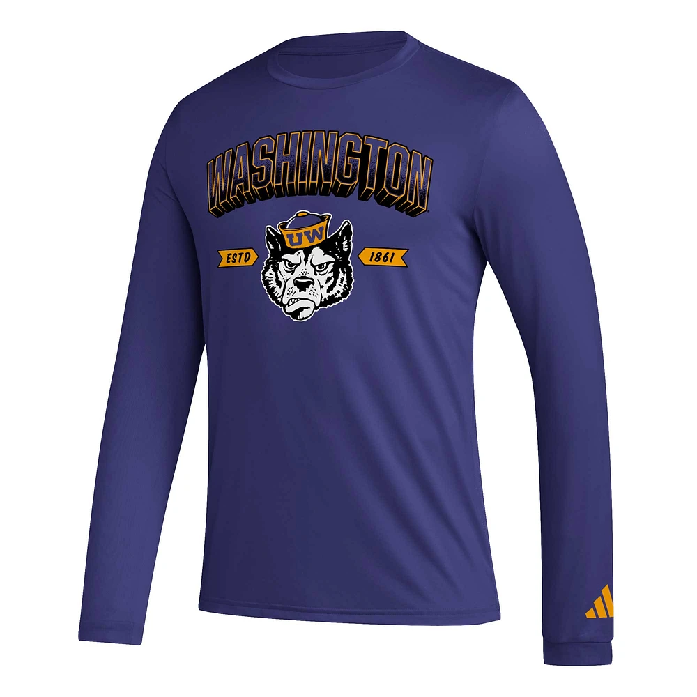 T-shirt à manches longues adidas Washington Huskies Mighty Mascot avant-match pour homme