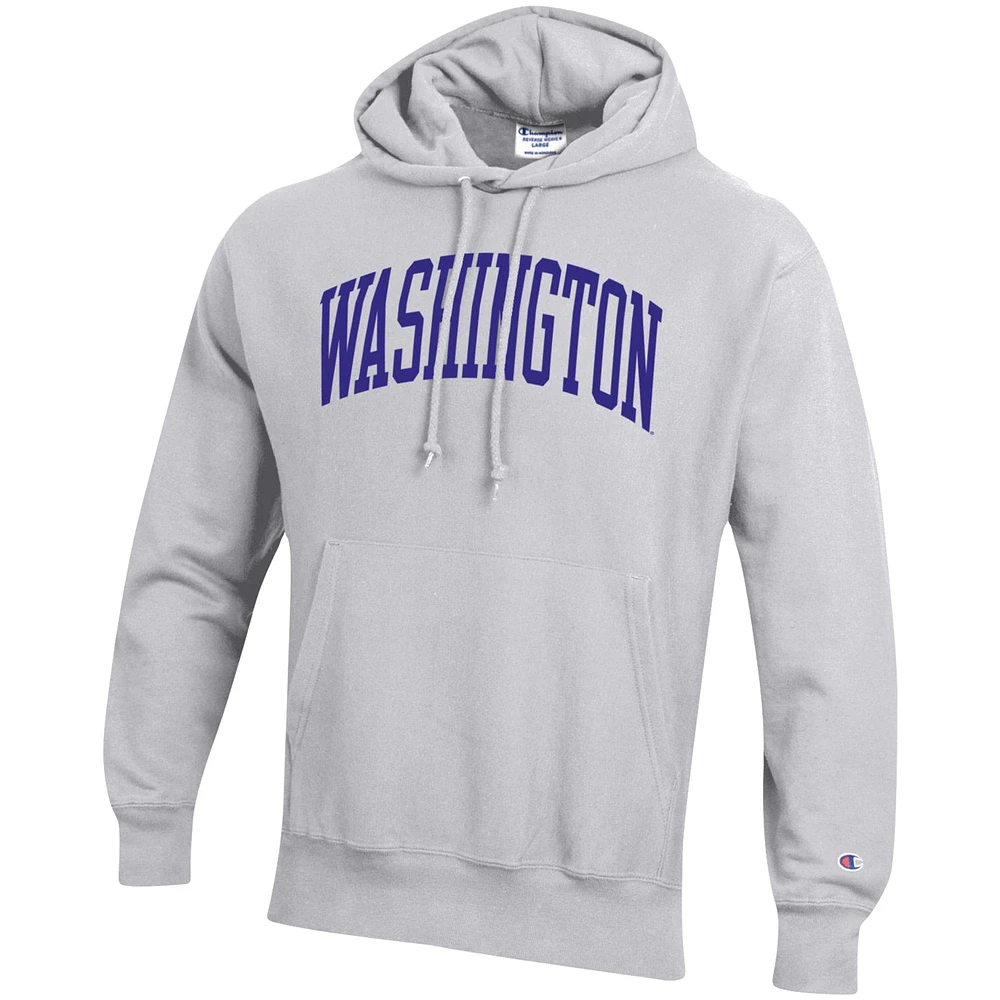 Men's Champion Heathered Gray Washington Huskies Team Arch Reverse Weave Pullover Hoodie