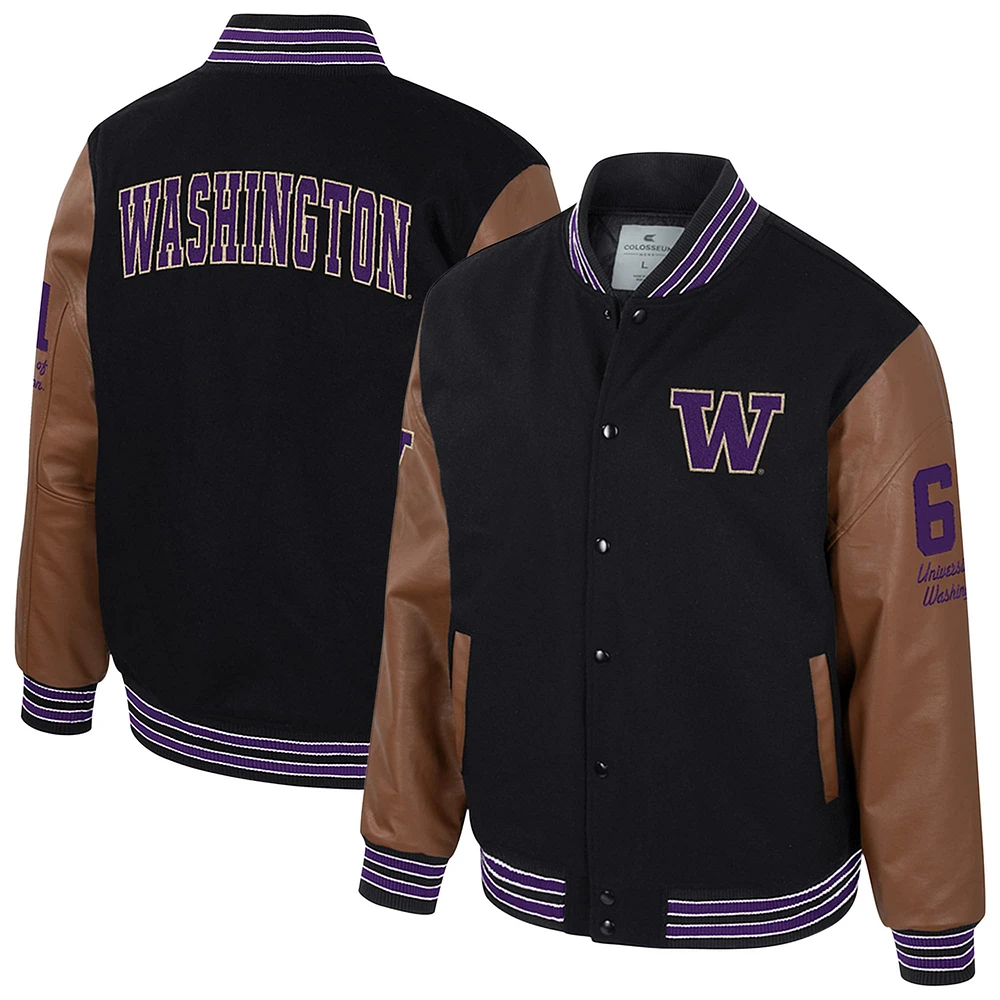 Veste universitaire à boutons-pression complète Washington Huskies Letterman Colosseum noire pour homme