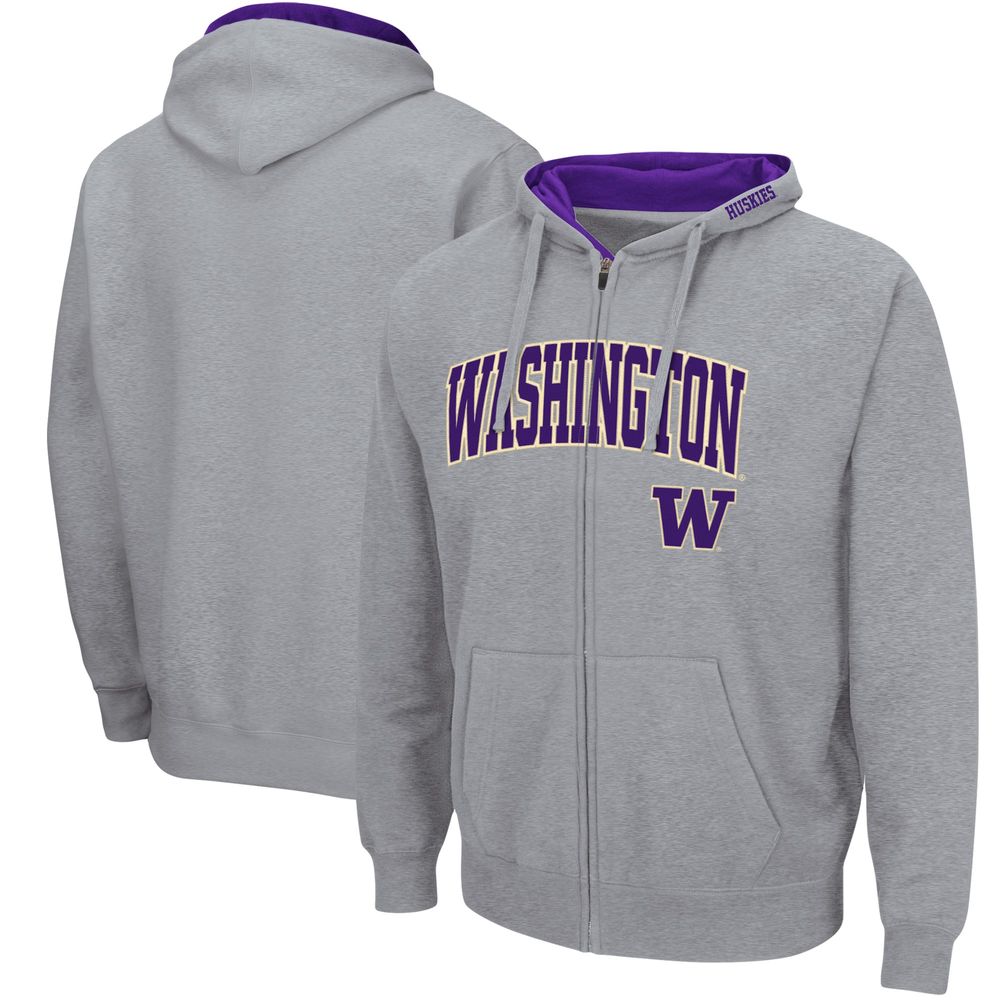 Men's Colosseum Heathered Gray Washington Huskies Arch & Logo 3.0 Full-Zip Hoodie