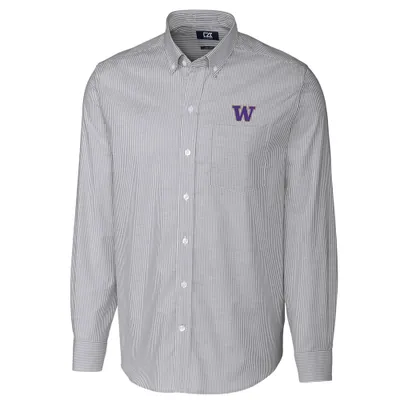 Washington Huskies Cutter & Buck Big Tall Stretch Oxford Stripe Long Sleeve Button Down Shirt - Charcoal