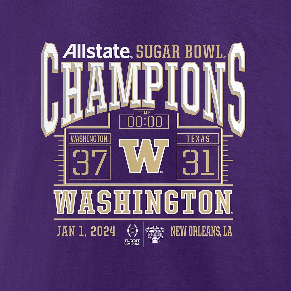 Fanatics pour hommes violet Washington Huskies College Football Playoff 2024 Sugar Bowl Champions Score T-shirt