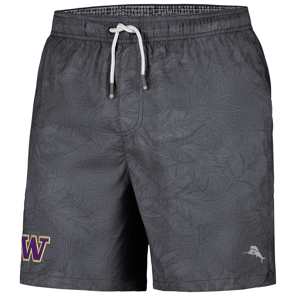 Men's Tommy Bahama Black Washington Huskies Naples Layered Leaves Swim Trunks