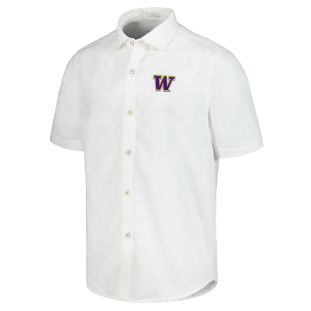 Men's Tommy Bahama White Washington Huskies Coconut Point Palm Vista IslandZone Camp Button-Up Shirt