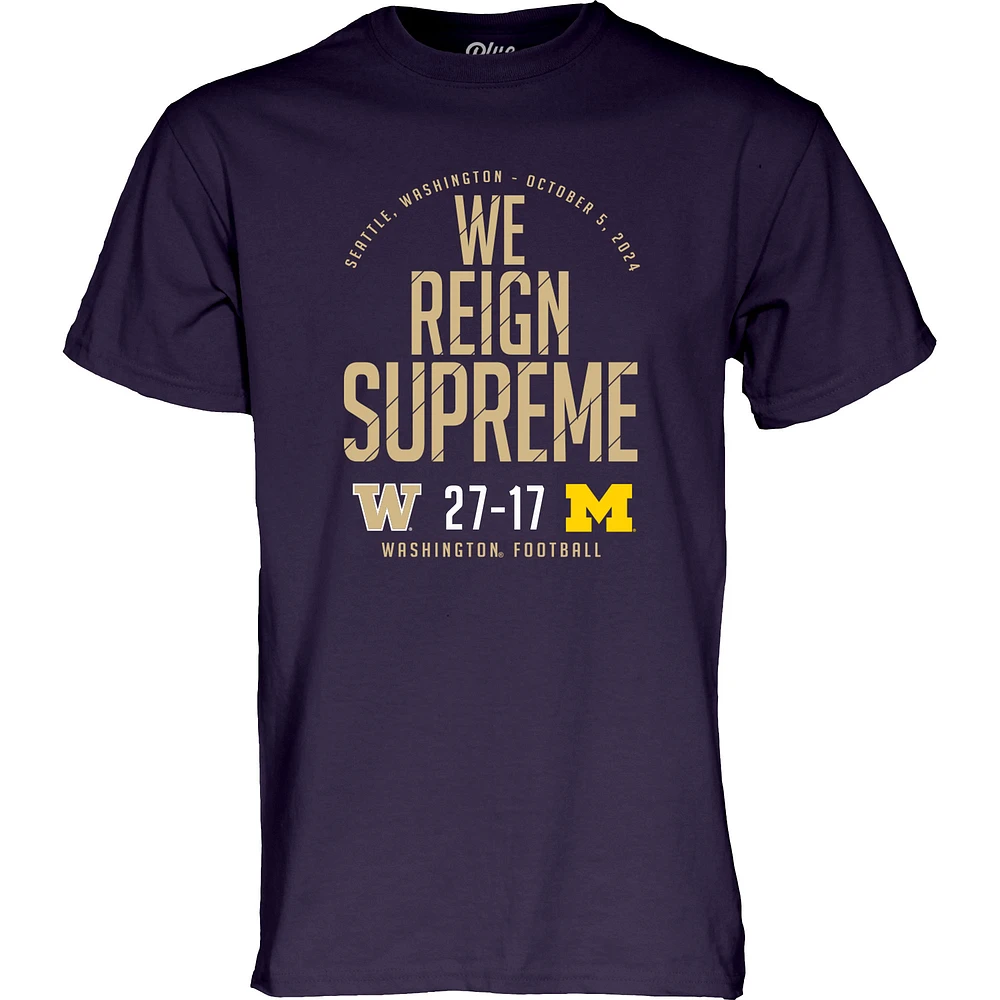 Unisex Blue 84 Purple Washington Huskies vs. Michigan Wolverines 2024 Score T-Shirt