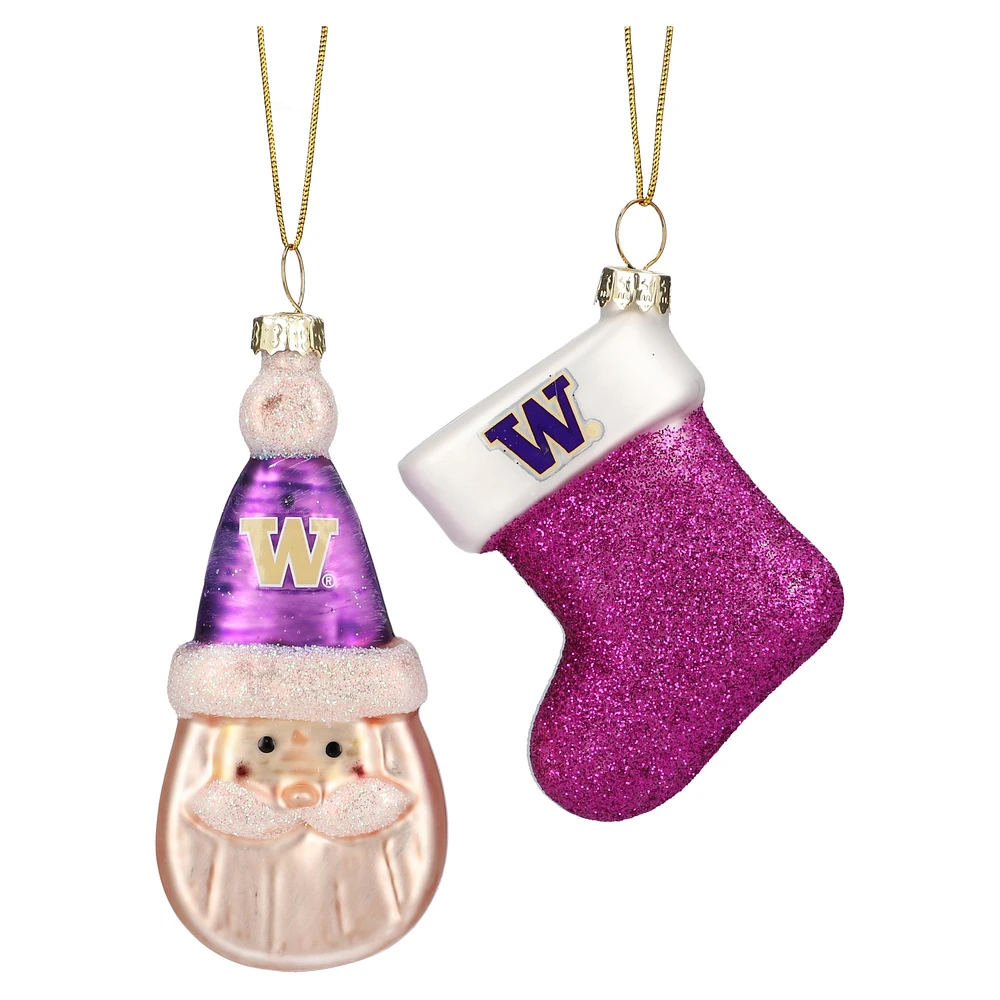 Lot de deux décorations en verre soufflé représentant le Père Noël et un bas de Noël des Washington Huskies