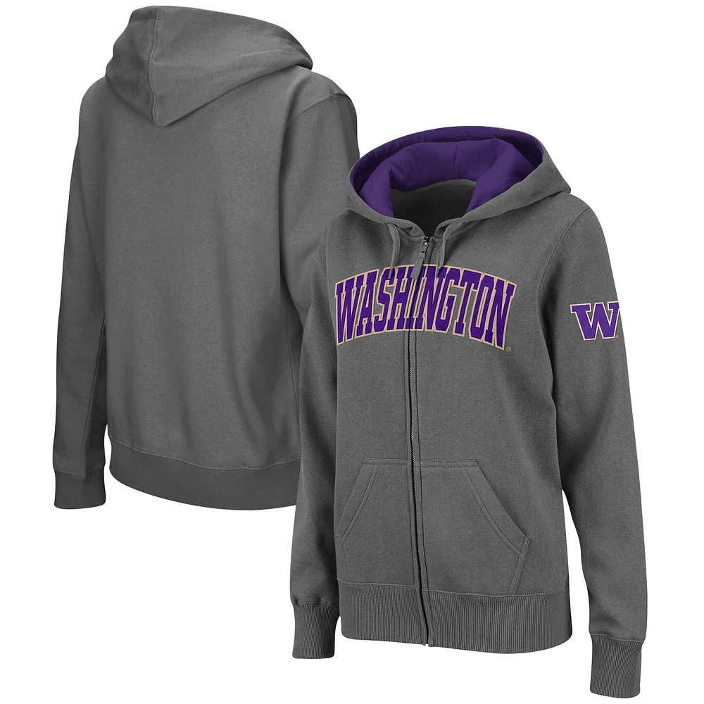 Sweat à capuche entièrement zippé Colosseum Charcoal Washington Huskies pour femmes avec nom arqué