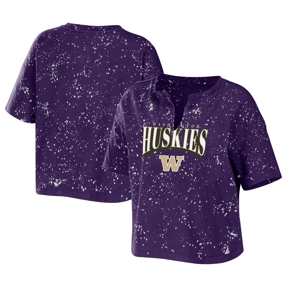 Women's WEAR by Erin Andrews Purple Washington Huskies Bleach Wash Splatter Cropped Notch Neck T-Shirt