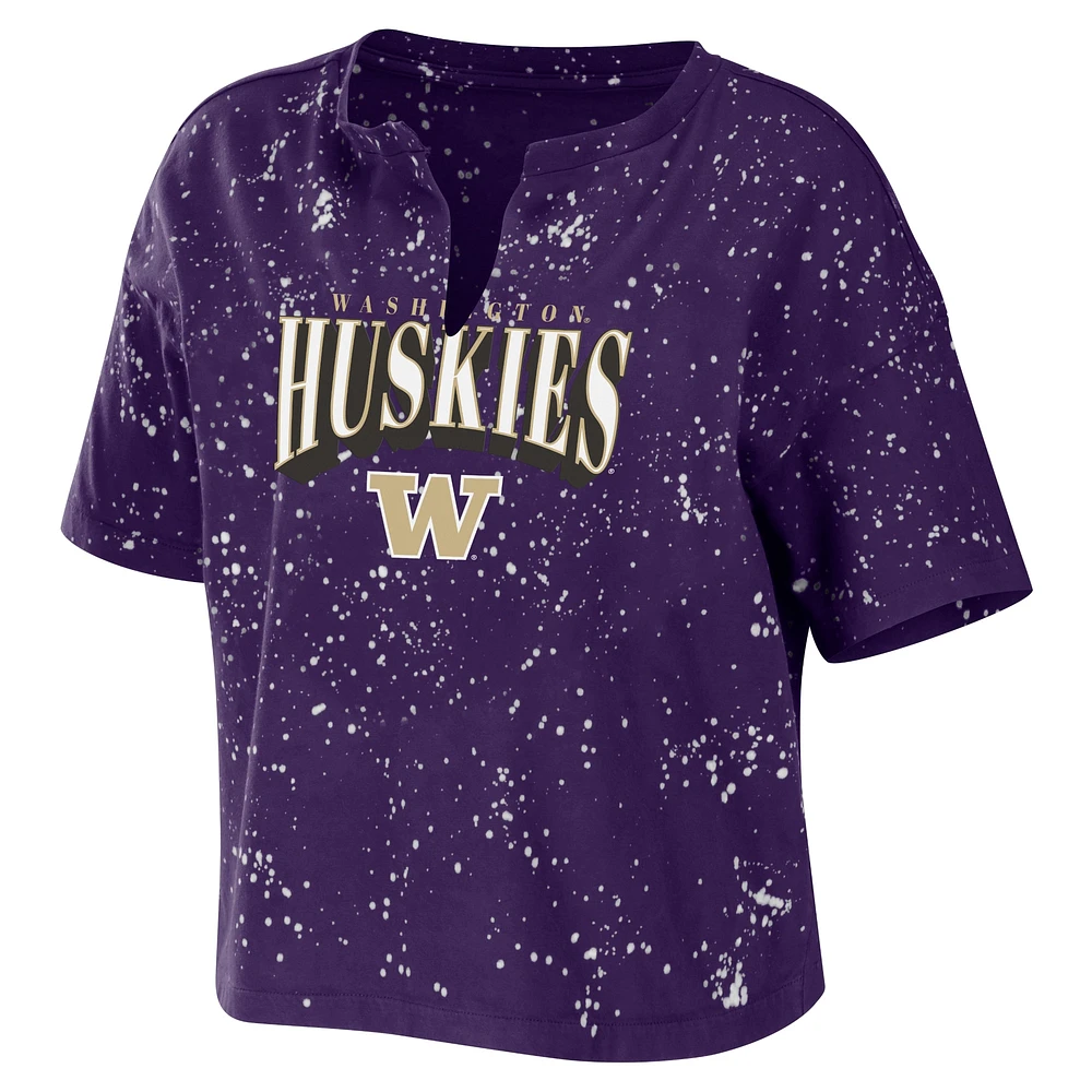 Women's WEAR by Erin Andrews Purple Washington Huskies Bleach Wash Splatter Cropped Notch Neck T-Shirt