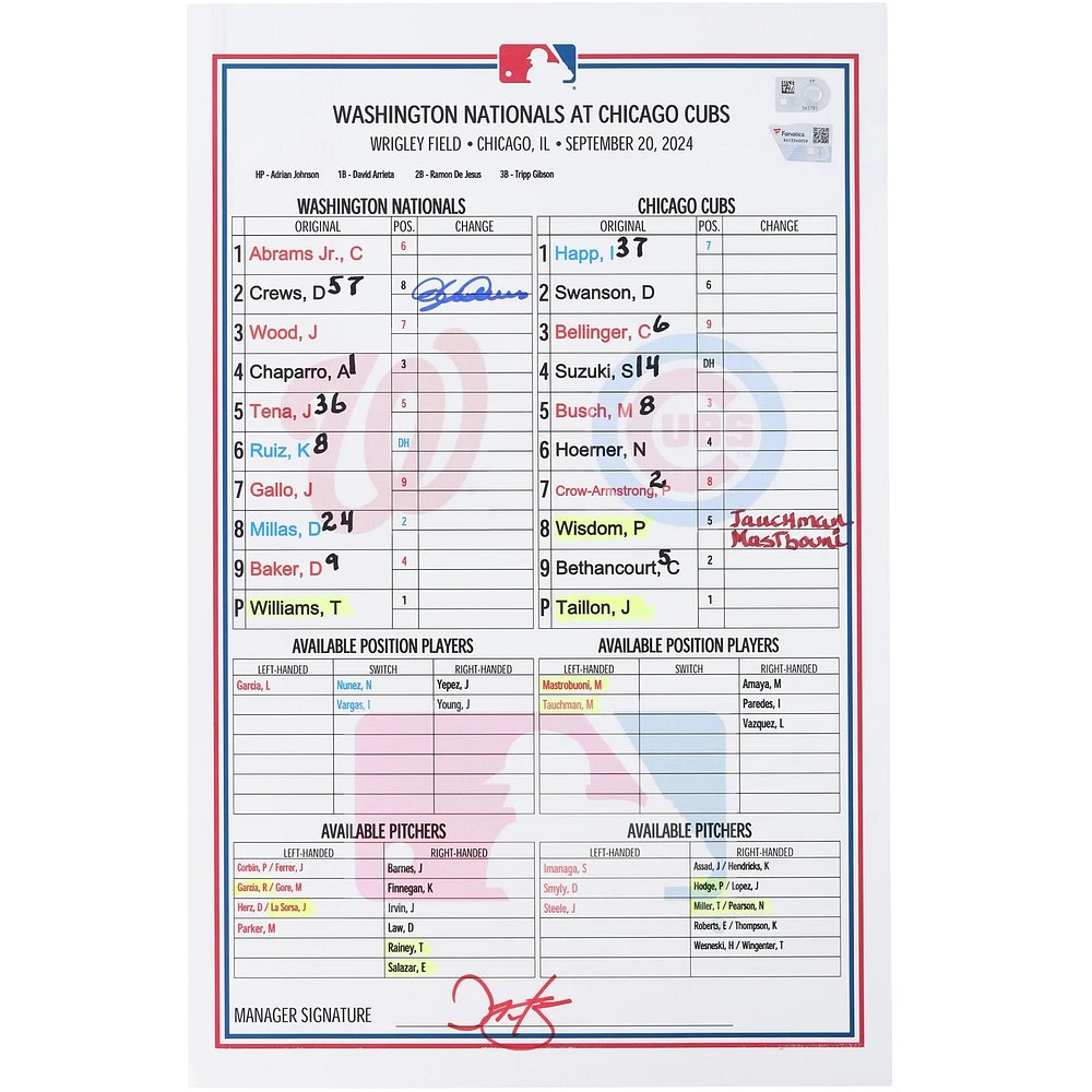 Dylan Crews Washington Nationals Autographed Game-Used Lineup Card vs. Chicago Cubs on September 20, 2024