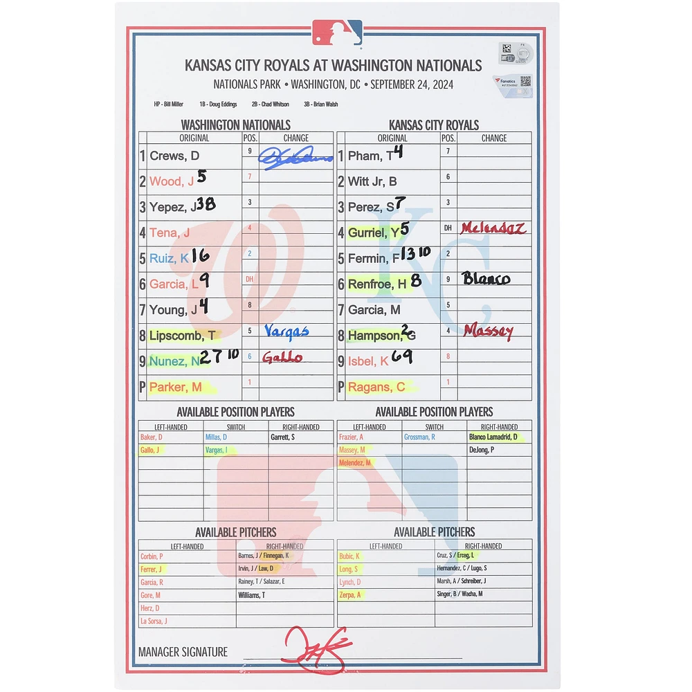 Dylan Crews Washington Nationals Autographed Game-Used Lineup Card vs. Kansas City Royals on September 24, 2024