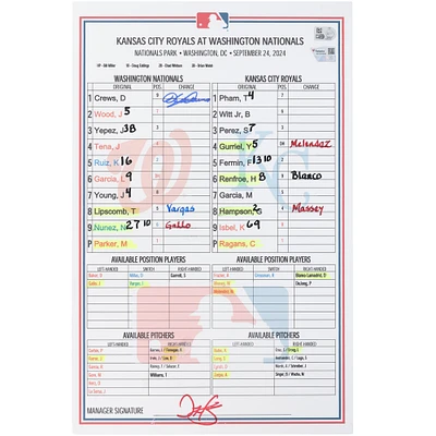 Dylan Crews Washington Nationals Autographed Game-Used Lineup Card vs. Kansas City Royals on September 24, 2024