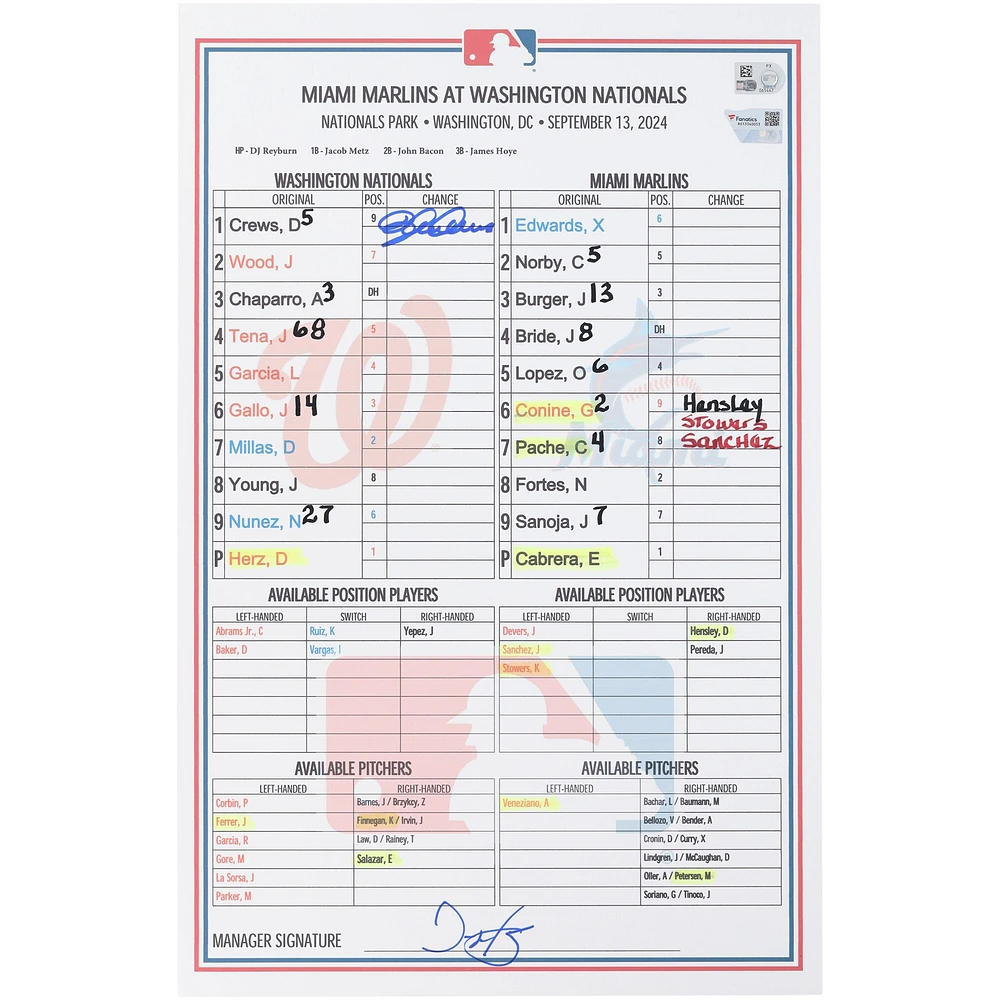 Dylan Crews Washington Nationals Autographed Game-Used Lineup Card vs. Miami Marlins on September 13, 2024