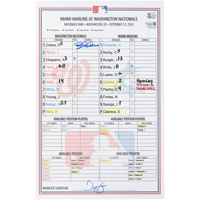 Dylan Crews Washington Nationals Autographed Game-Used Lineup Card vs. Miami Marlins on September 13, 2024