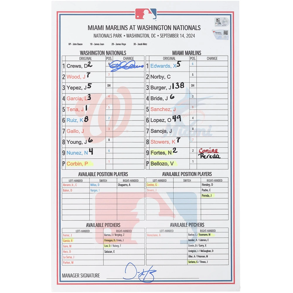 Carte de composition d'équipe dédicacée par Dylan Crews des Nationals de Washington contre les Marlins de Miami le 14 septembre 2024