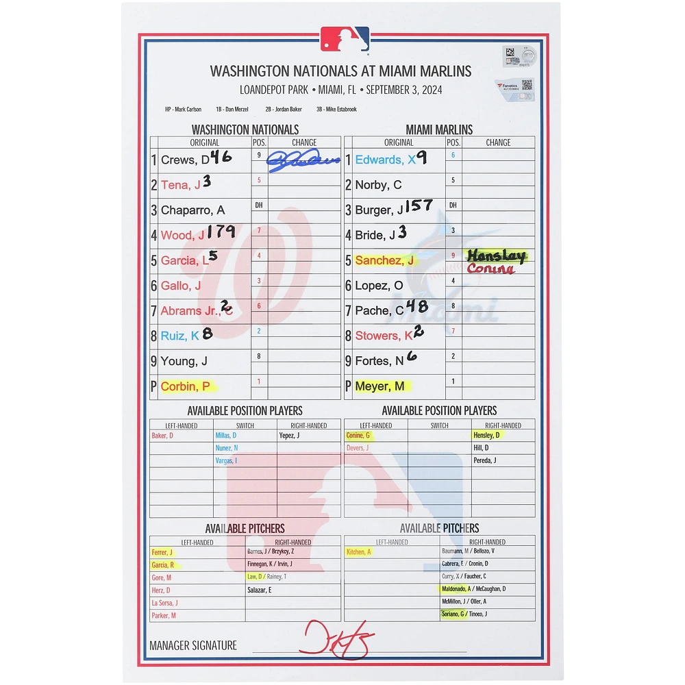 Dylan Crews Washington Nationals Autographed Game-Used Lineup Card vs. Miami Marlins on September 3, 2024