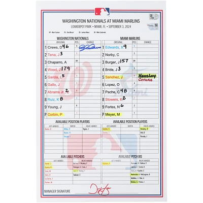 Dylan Crews Washington Nationals Autographed Game-Used Lineup Card vs. Miami Marlins on September 3, 2024