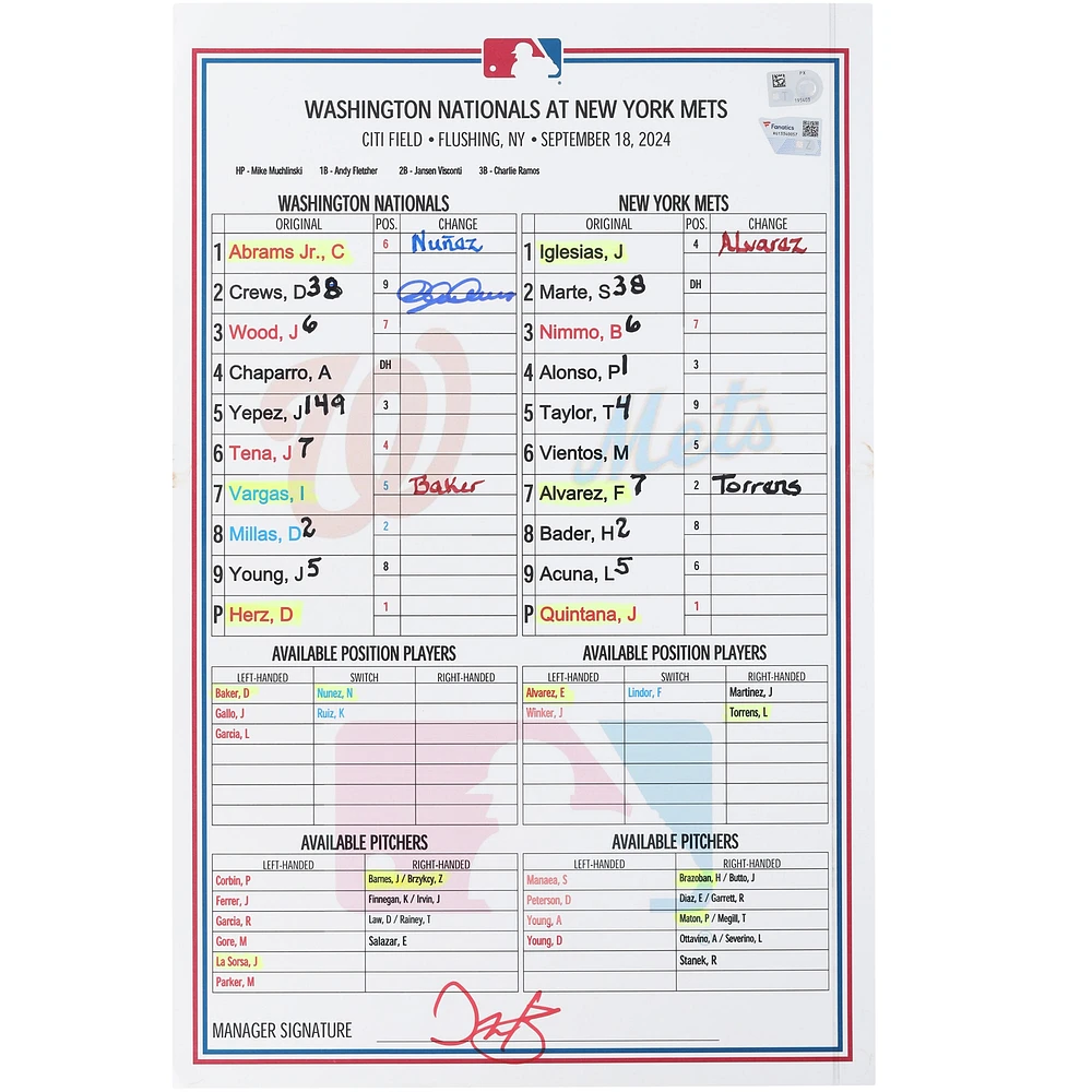 Dylan Crews Washington Nationals Autographed Game-Used Lineup Card vs. New York Mets on September 18, 2024