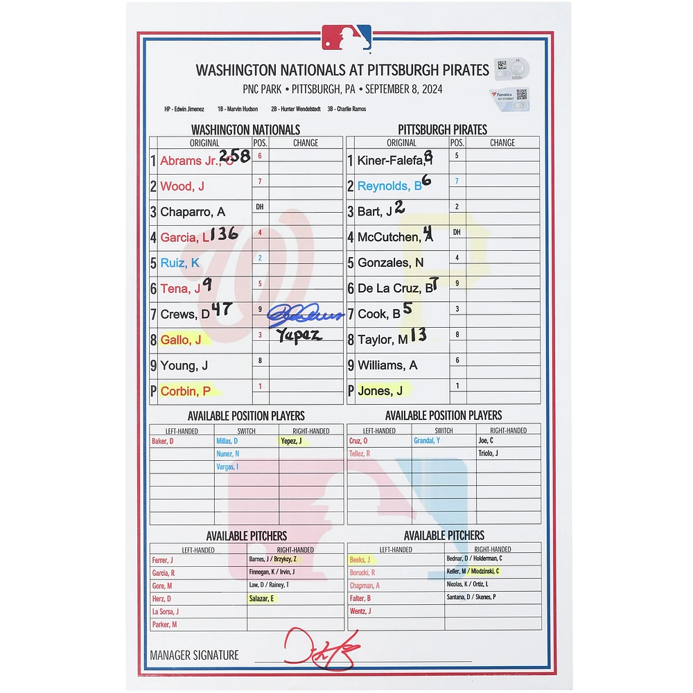 Dylan Crews Washington Nationals Autographed Game-Used Lineup Card vs. Pittsburgh Pirates on September 8, 2024