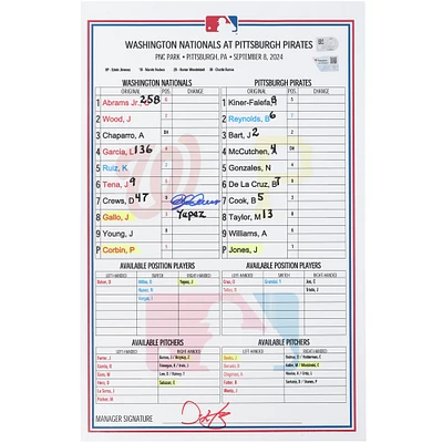 Dylan Crews Washington Nationals Autographed Game-Used Lineup Card vs. Pittsburgh Pirates on September 8, 2024