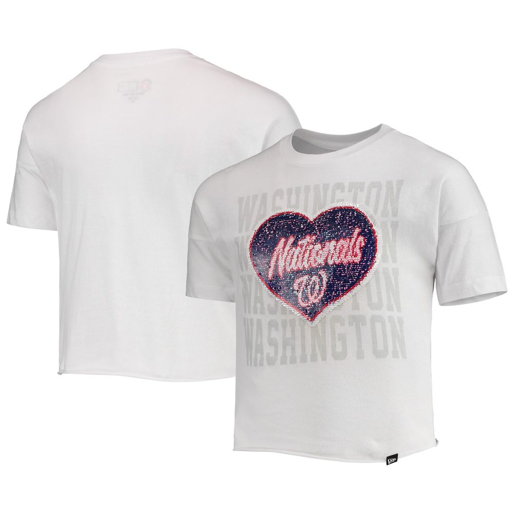 Girls Youth New Era White Washington Nationals Flip Sequin Heart Crop Top