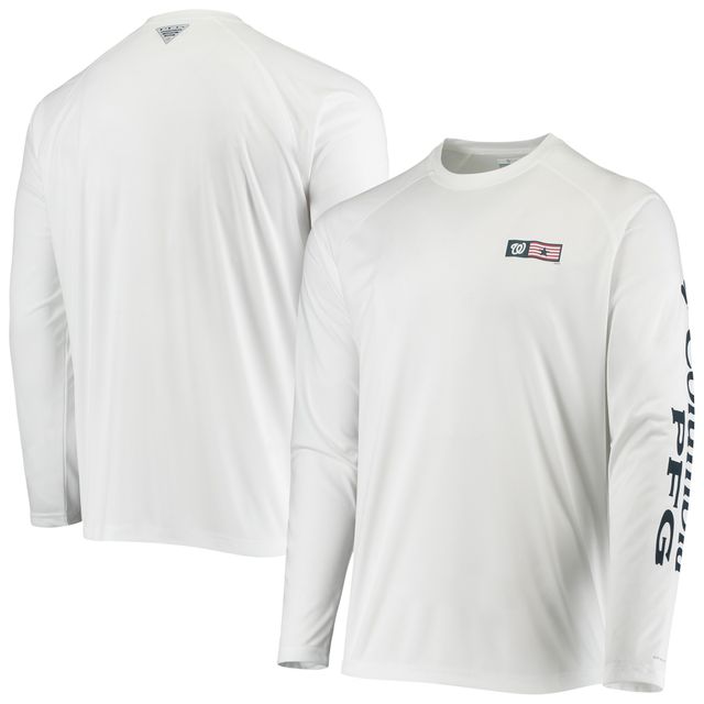 T-shirt à manches longues raglan Columbia White Washington Nationals Americana Terminal Tackle Omni-Shade pour homme