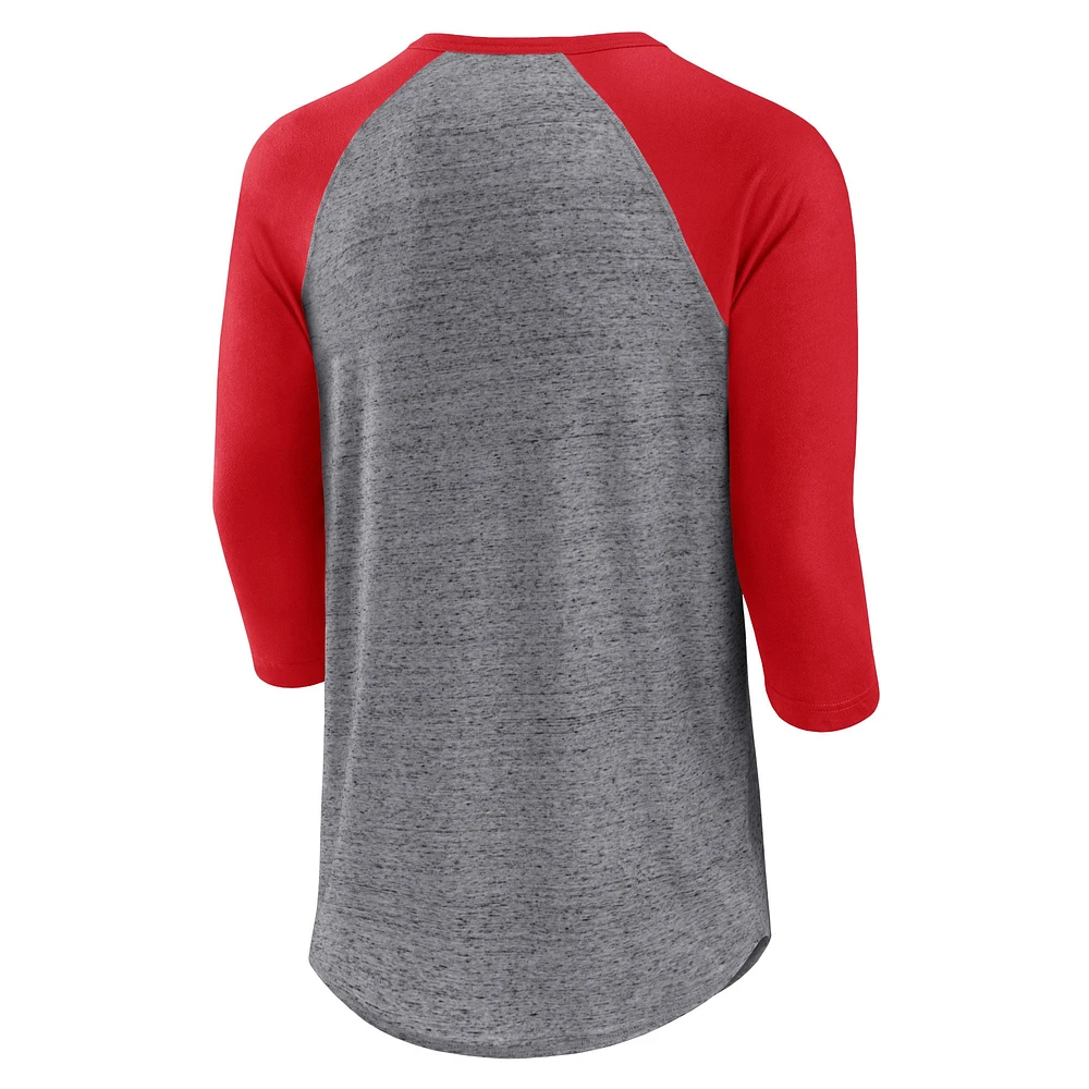 T-shirt à manches 3/4 raglan Henley fanatiques pour hommes, gris chiné/rouge, emblématique au-dessus de la chaleur