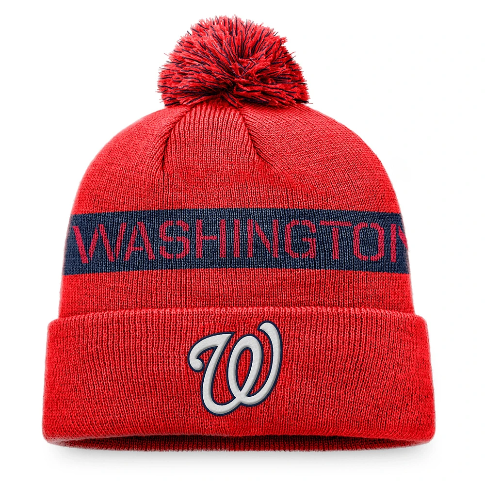 Bonnet en tricot à revers avec logo de la Washington Nationals League Fanatics rouge/marine pour hommes avec pompon