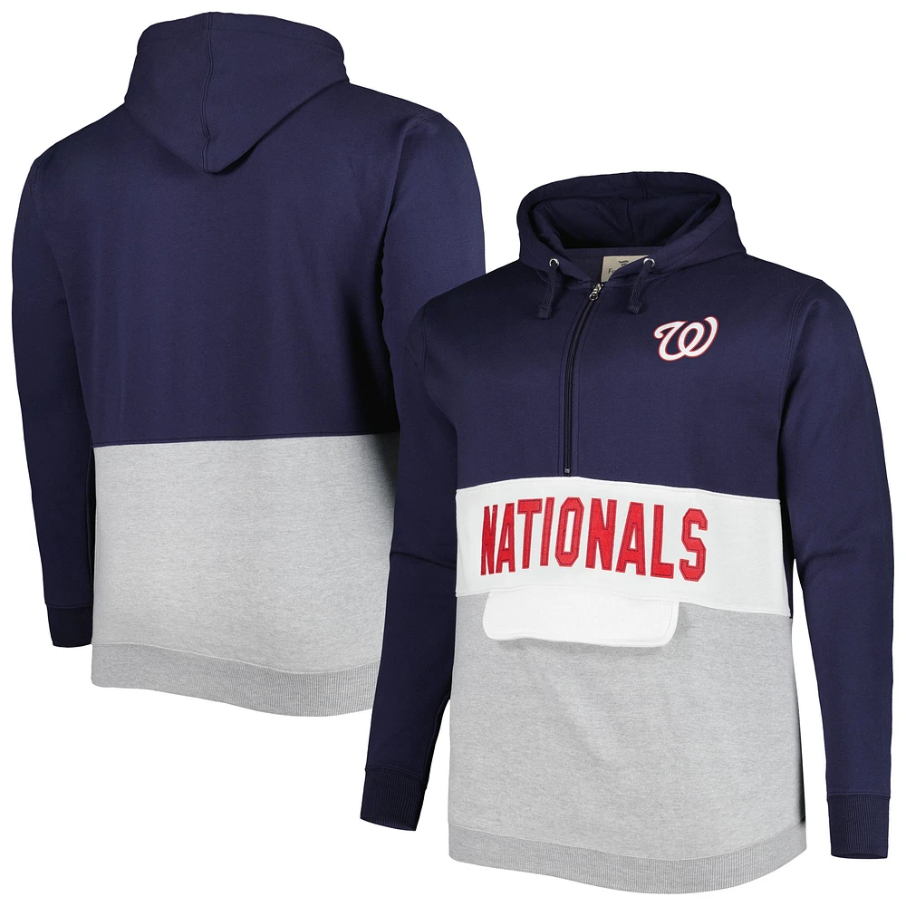 Chandail à capuchon demi-glissière en polaire Big & Tall Washington Nationals bleu marine/blanc pour homme