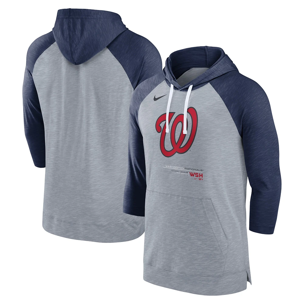 Chandail à capuchon manches 3/4 raglan de baseball des Nationals Washington Nike pour homme, gris chiné/bleu marine chiné